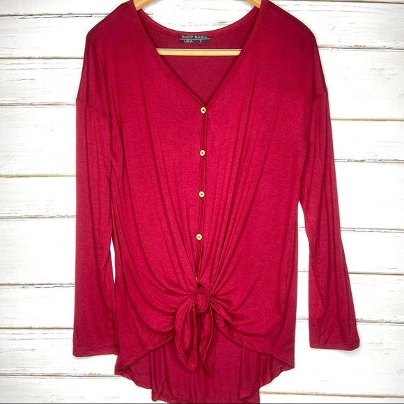 Bailey Button Down Tie Front Top Wine - Picture 2 of 6